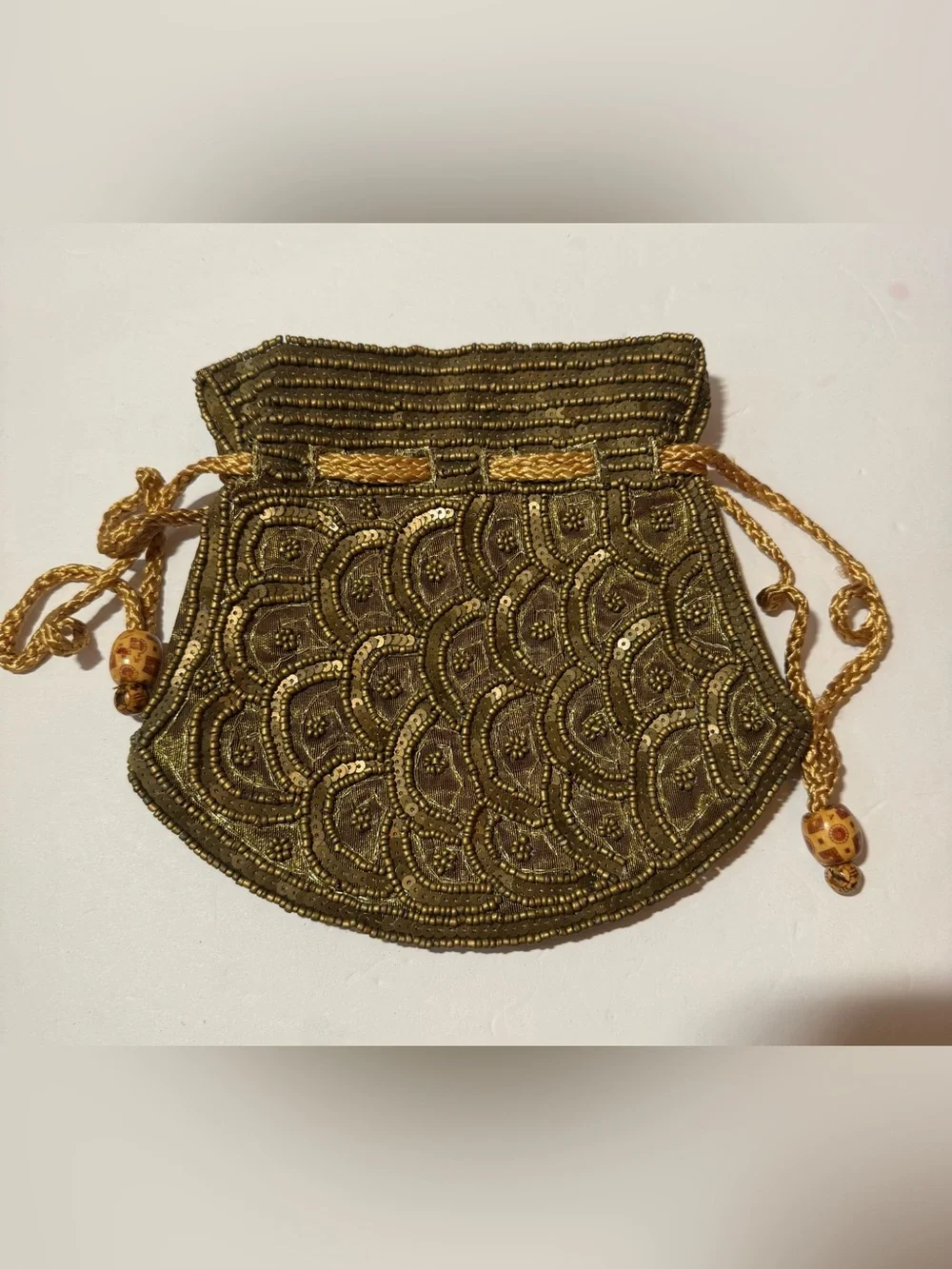 Vintage Hand-Beaded Evening Bag - Drawstring, Bronze/Gold Metallic, Lined